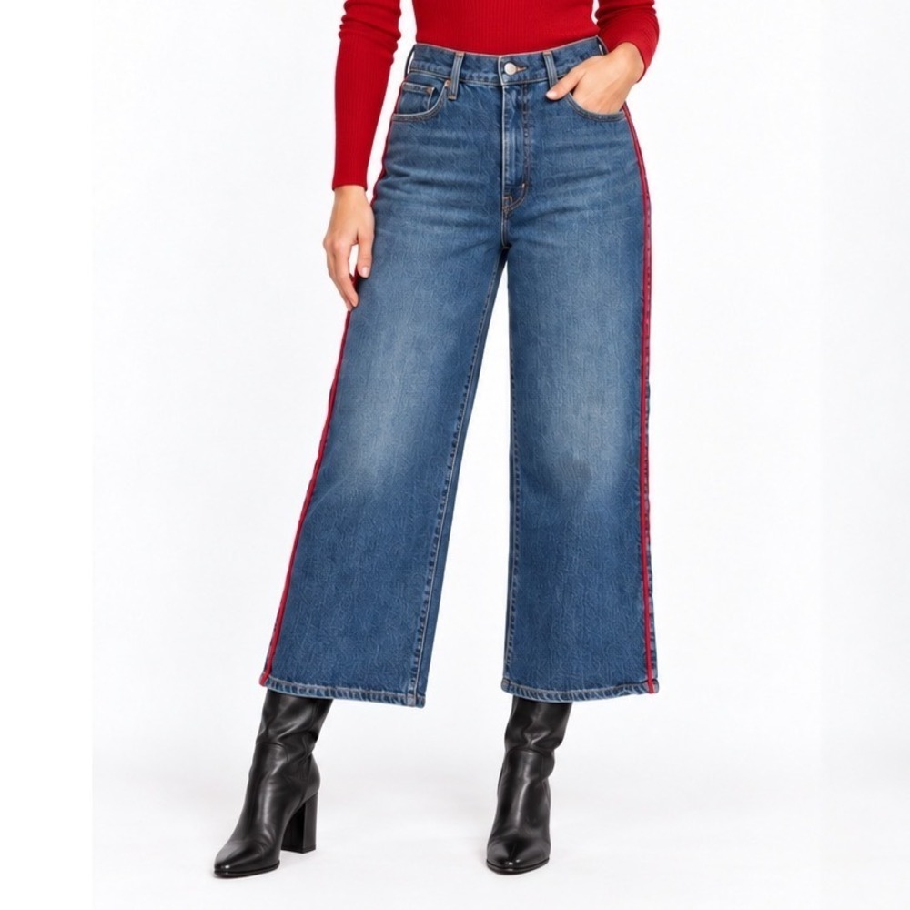 Levis Mile High Cropped Wide Leg Jeans Blue Denim Red Side Stripe 32 Chic 119-26